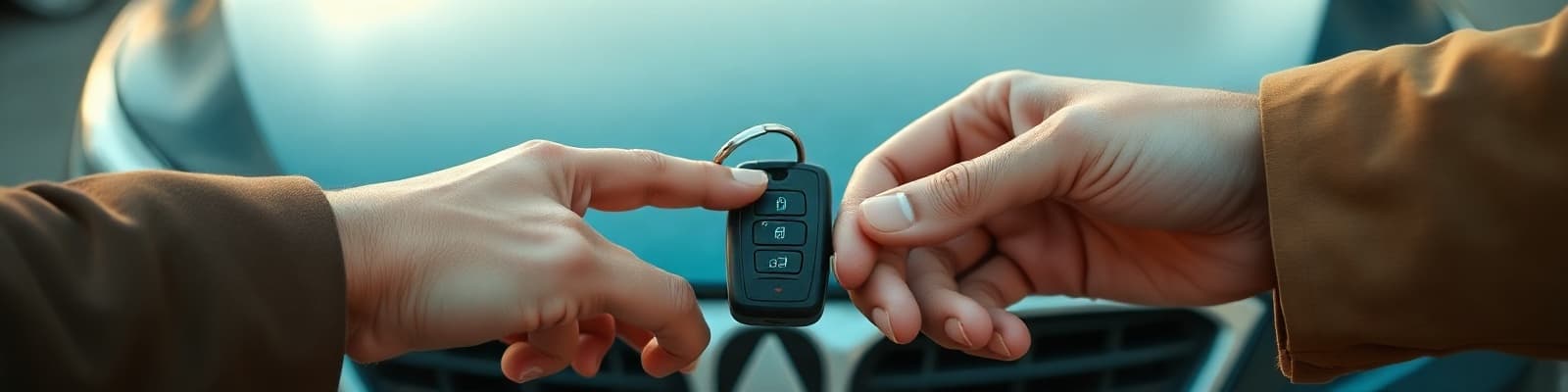 Araç anahtarının yeni sahibine uzatıldığı, anahtar teslim satışı anlatan bir görsel
